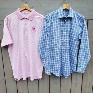 Lot of 2 Peter Millar Men's SHIRTS: Long Sleeve Plaid & Striped Polo -Sz. Medium